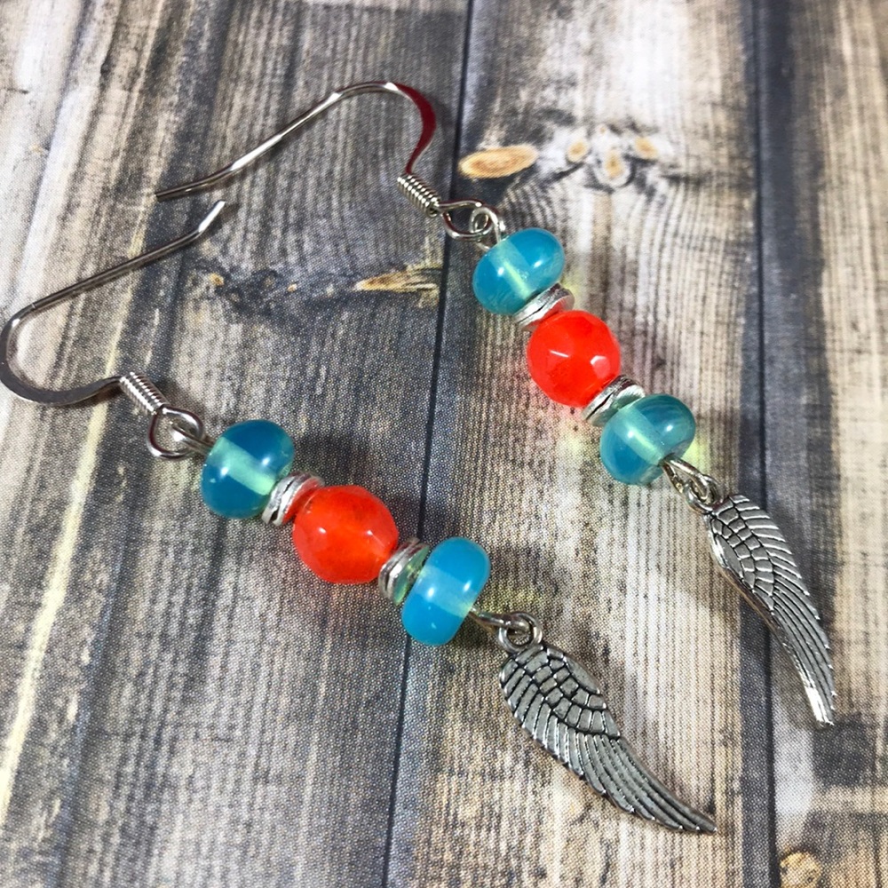 Salmon and green jade angel wing earrings